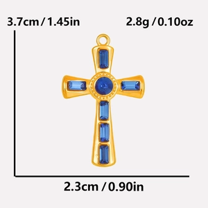 Detailed view of a gold stainless steel cross pendant with inset blue crystals and dimensions