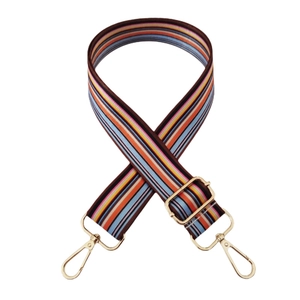 Close-up of wide striped crossbody bag strap with adjustable gold-tone metal hardware