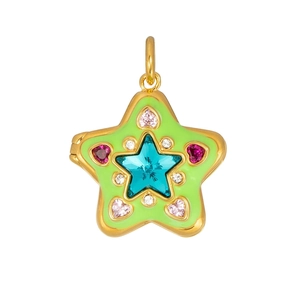 Pendente a stella dorato con gemme a cuore colorate e cristallo verde acqua in stile Y2K