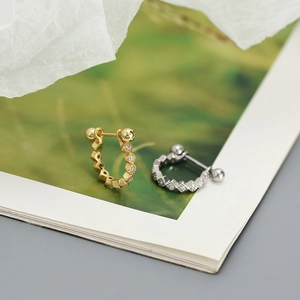 Detail of s925 silver geometric hoop earrings with zirconia and ball screw back closure