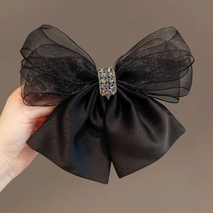 Elegant Large Black Bow Hair Clip Satin Mesh With Rhinestones Metal Spring Clip Korean Style Hair Accessory Women