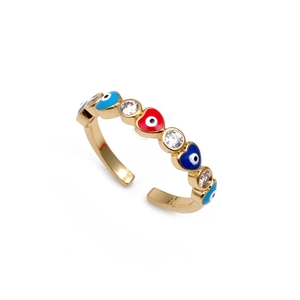 Adjustable 18K gold plated copper ring with heart enamel evil eyes and clear zircons