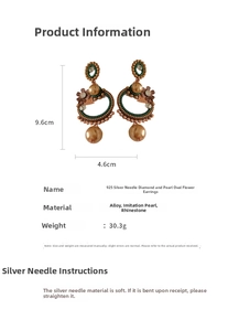 Gros plan de boucles d'oreilles bohèmes avec perles, diamants et dimensions détaillées