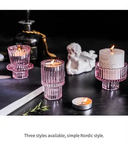 Three-piece set of pink ribbed glass candle holders in Nordic minimalist style for home decor