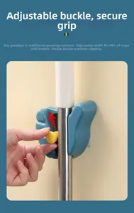 Close-up of adjustable blue mop holder clip with multi-size width demonstration