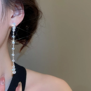 Close-up of dangling silver tassel earrings with round zircons on model ear
