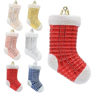 Glossy Christmas stocking tree ornaments with glitter trim and grid pattern in multiple colors