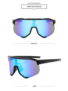 Front and side view of black sports sunglasses with blue gradient mirrored lenses