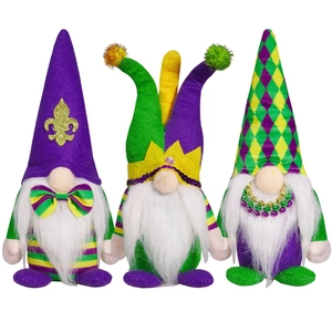 Set of three Mardi Gras gnomes in purple green and yellow festive plush decorations