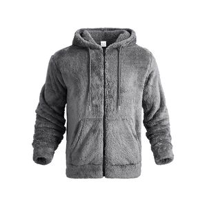 Detail of plush double-sided fleece hoodie with sturdy zipper and drawstring hood