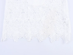 Macro detail of intricate white floral lace hem and mesh embroidery on a blouse