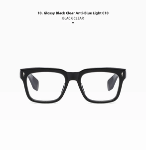 Detail view of glossy black rectangular frame with anti-blue light clear lens C10