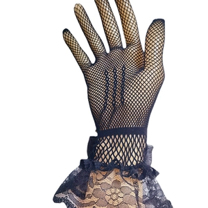 Elegant black mesh Lolita gloves with lace trim and decorative stripes for summer