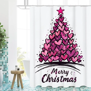 Detailed view of waffle weave shower curtain with pink heart Christmas tree and text