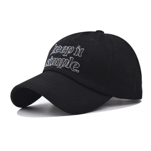 Black washed cotton baseball cap with white keep it simple embroidery for men and women