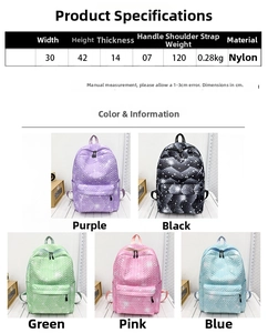 Tabla de tallas para mochila de nailon con dimensiones y cinco opciones de color