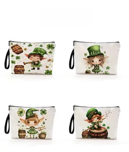 Detailed pattern display of St. Patrick's Day makeup bags with gnomes and clovers prints