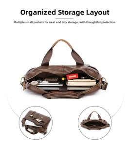 Detailed interior of men's leather briefcase showing multiple storage compartments and dividers