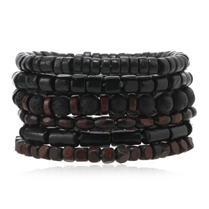 Men's bohemian multi-layer handmade beaded bracelet set with wood and lava rock beads