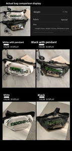 Detail view of transparent PVC crossbody bag with dimensions 35x14.5x4.5cm and green logo