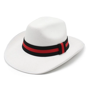 White wool fedora hat with wide brim and decorative black and red woven band