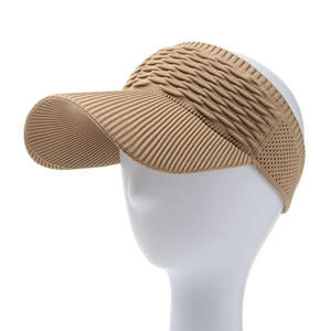 Close-up of khaki knitted sun visor hat showing breathable mesh and wave texture