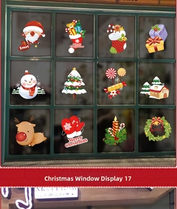 Detailed grid showing 12 cartoon Christmas window stickers with Santa, reindeer and snowman