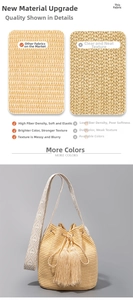 Dettaglio borsa a secchiello intrecciata beige con lunghe nappe e tracolla jacquard