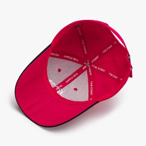 Red structured cotton baseball cap with Jungle Bill inner lining and metal buckle closure