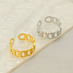 Adjustable curb link rings in polished gold and silver stainless steel minimalist design