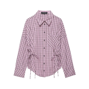 Femme Chemisier Carreaux Manches Longues Taille Cordon Boutonné Revers Polyester Casual Mode Hauts Poche