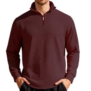 Men's burgundy waffle knit half-zip sweatshirt with stand collar and casual relaxed fit