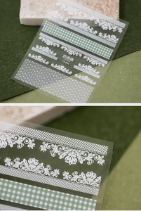 Détail des stickers ongles FS-052 avec dentelle blanche et motifs à carreaux verts