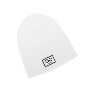 Detail of white knitted beanie featuring a black Infinity patch and soft ribbed texture