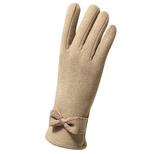 Camel thermal velvet gloves for women with touchscreen fingers and pink bow embroidery