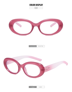 Detail view of purple oval frame sunglasses with star metal accents and wide temples