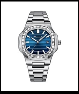 Macro shot of silver diamond-encrusted bezel with blue striped dial and calendar detail