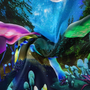 Close-up of fantasy forest tapestry fabric with glowing mushrooms and starry night details