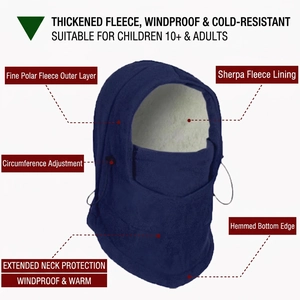 Deep blue thermal fleece balaclava hood with warm lamb wool lining and drawstring