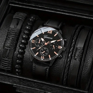 Men's business watch set with black leather strap, quartz watch and four woven bracelets