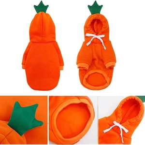 Detail view of orange carrot pet hoodie featuring leaf decor and adjustable drawstrings