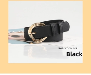 Detail of thin black faux leather belt with a polished gold double-ring buckle