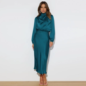 Elegant teal satin halter midi dress with a high wrap neckline and long lantern sleeves