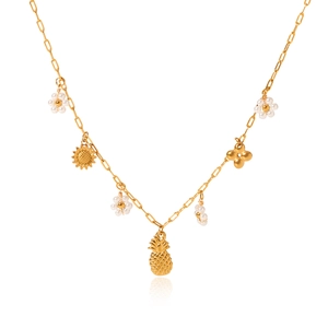 Detailed view of gold chain necklace featuring pineapple, sunflower and pearl charms