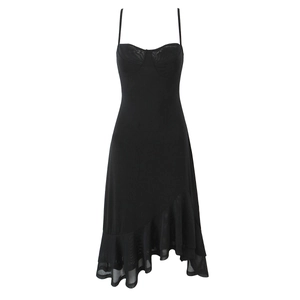 Spaghetti Strap Midi Dress Polyester Mesh Patchwork Heart Neckline Ruffle Irregular Hem Sexy Slim Fit Party Evening For Women
