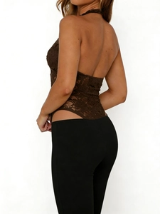Detailed back view of a sexy brown lace bodysuit for women featuring intricate floral textures