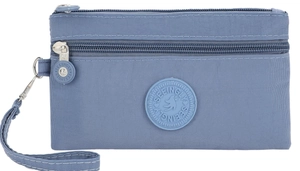 Detail view of the light blue nylon pouch featuring double zipper and circular logo emblem