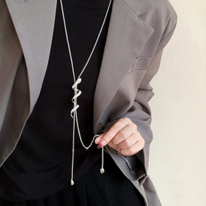 Silver snake pendant necklace with pavé crystals on a long circular link chain