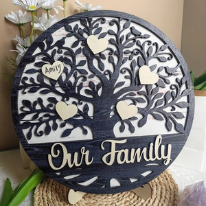 Customized wooden family tree plaque with heart name charms and Our Family text
