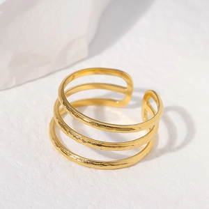 Gold stainless steel triple-layered open ring with handcrafted hammered texture finish